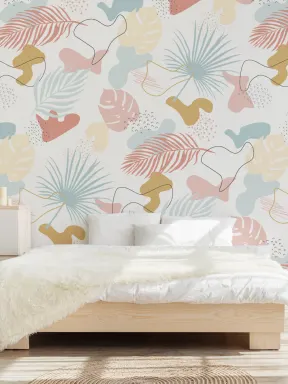 Papier Peint Panoramique Motif Tropical avec Feuilles aux Couleurs Pastel