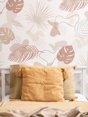 Mural Papel Pintado con Hojas Tropicales y Formas Abstractas en Tonos Terrosos