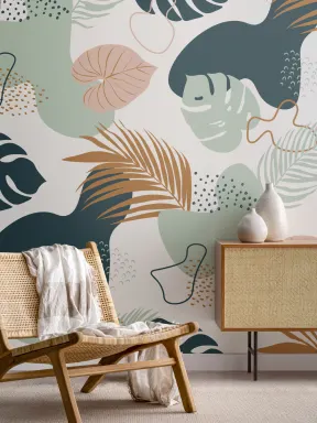 Papier Peint Panoramique Abstrait avec Feuilles Tropicales en Vert et Neutre
