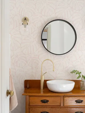 Pink Monstera Leaf Line Drawing Repeat Pattern Wallpaper