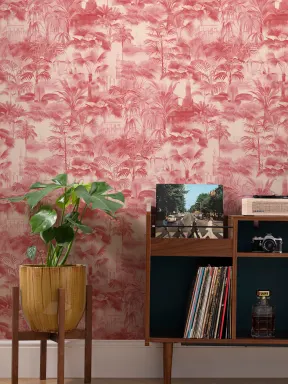 Red Vintage Tropical Jungle Wallpaper