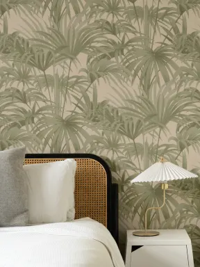 Tapeta Bower Brown Vintage Palm Botanical w zielonych i beżowych odcieniach