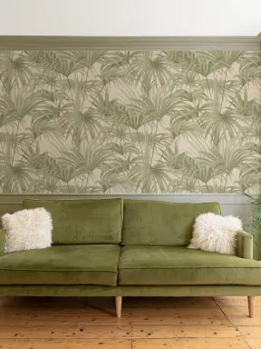 Papier peint botanique Bower Brown Vintage Palm dans des tons verts et beiges
