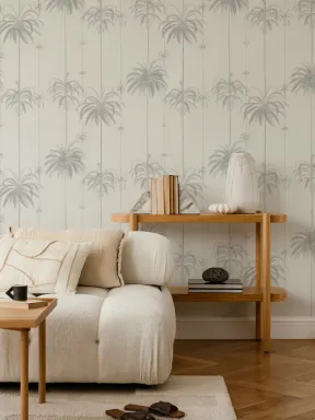 Papier peint beige à rayures et palmiers tropicaux