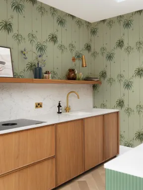 Sage Striped Tropical Palms Wallpaper