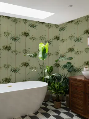 Papier peint Palmiers tropicaux rayés vert sauge