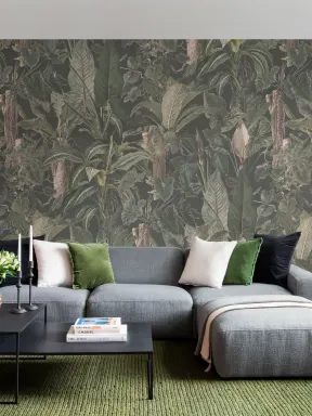 Papier peint panoramique vert tropical illustré Plantes à feuilles