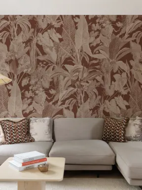 Brown Tropical Illustrated Leafy Plants Mural