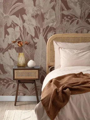 Brown Tropical Illustrated Leafy Plants Mural