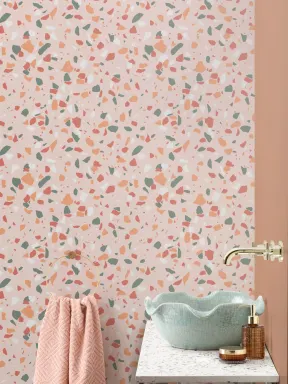 Papier Peint Motif Terrazzo en Vert et Orange