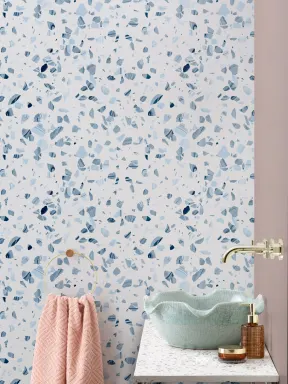 Papier Peint Effet Marbre à Motifs de Terrazzo Blanc et Bleu