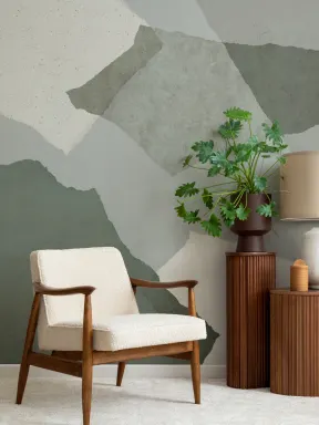 Papier peint panoramique abstrait minimaliste vert pour une ambiance élégante et apaisante