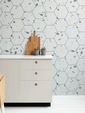 Papier Peint Panoramique Carrelage Hexagonal avec Terrazzo