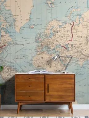 Vintage Blue Map Of The World Wallpaper Mural