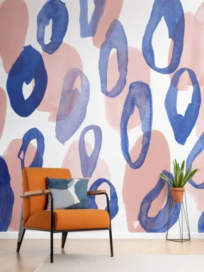 Papier Peint Panoramique Bleu et Pêche à l’Aquarelle avec des Taches du Léopard