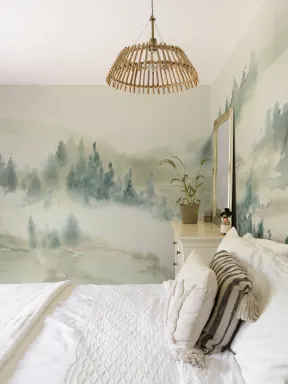 Green Serene Landscape Watercolor Mural For Tranquil Spaces