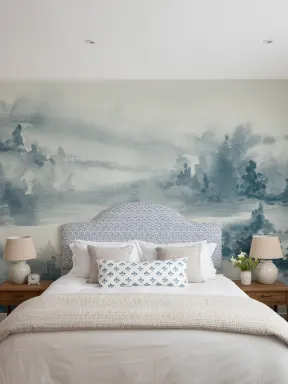Blue Watercolor Forest Serenity Art Mural