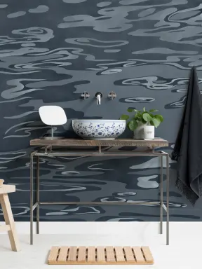 Navy Hand Painted Water Rippling Effect Mural