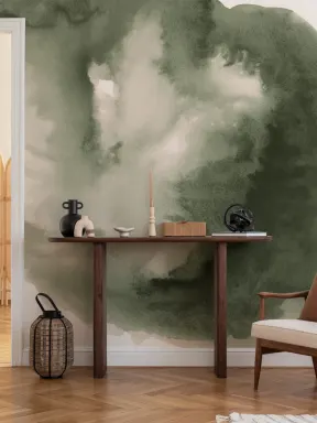 Green Cloudy Abstract Watercolor Mural