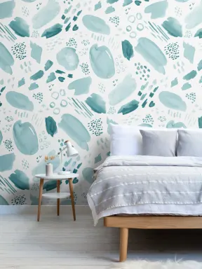 Teal Abstract Watercolor Brush Stroke Pattern Wallpaper Mural