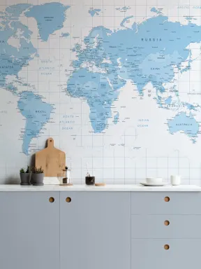 Papier Peint Panoramique Carte Détaillée du Monde Bleue