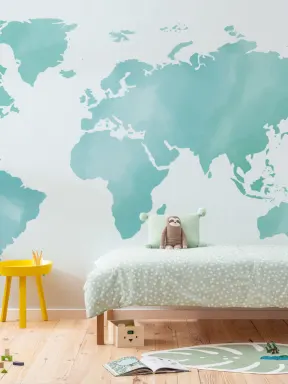 Turquoise Abstract Watercolor World Map Wallpaper Mural