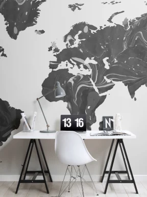 Papier Peint Panoramique Carte du Monde Grise et Noire avec Effet Marbre