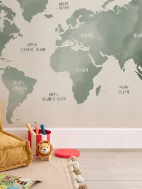 Papier Peint Panoramique Carte du Monde en Vert Sauge à l’Aquarelle