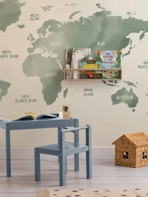 Mural Papel Pintado Mapamundi en Acuarela Verde Salvia