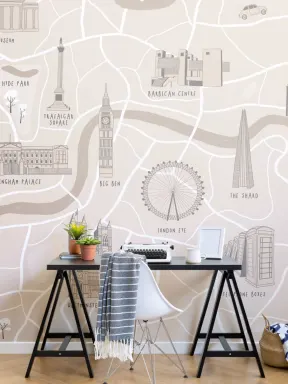 Londen City Street Map Geïllustreerd Landmarks Behang Muurschildering