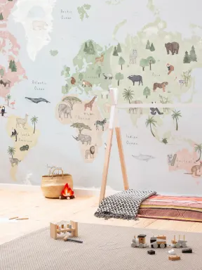 Kids Colorful Animals World Map Wallpaper Mural