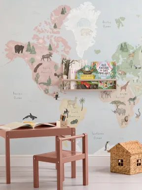 Papier Peint Panoramique Carte du Monde pour Enfants en Rose et Vert
