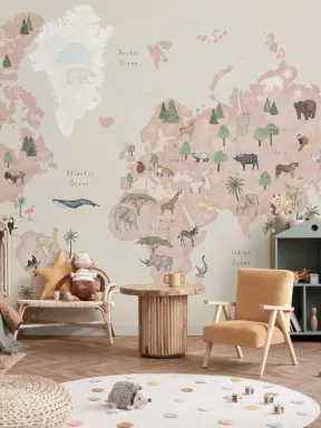 Papier Peint Panoramique Carte du Monde pour Enfants en Beige et Rose