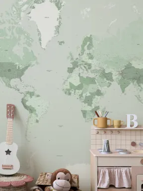 Green World Map Wall Mural For Global Ambience