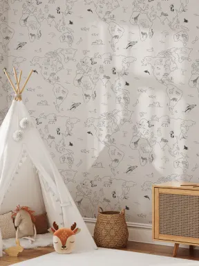 Papel Pintado Beige con Patrón de Mapamundi con Animales