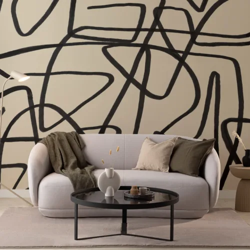 Bold Black & Beige Doodle Abstract Wallpaper Mural