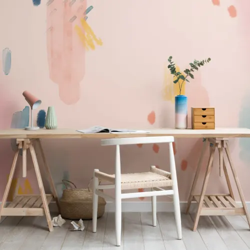 Carta da Parati Rosa Astratta con Effetto Pittura a Pennellate Multicolor