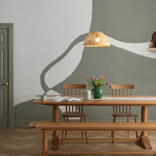Modern Curved Form Wall Mural in Green and Neutral Tones