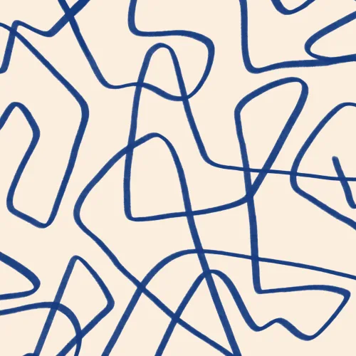 Abstrakt håndtegnet fototapet med kruseduller i blå på beige baggrund