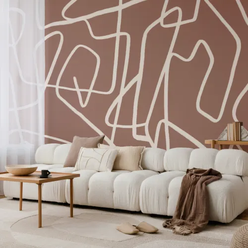 Abstract Hand Drawn Scribble Wall Mural in Cream on Terracotta Background