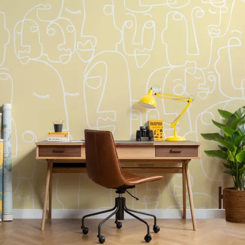 Mural de papel de parede com desenho de linhas de rosto amarelo grande