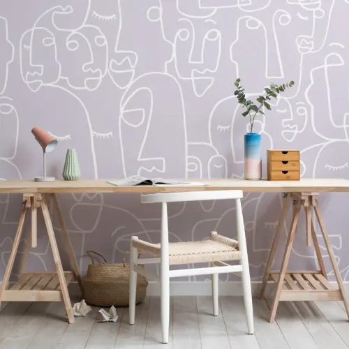 Mural de papel de parede de desenho de linhas de rosto lilás grande