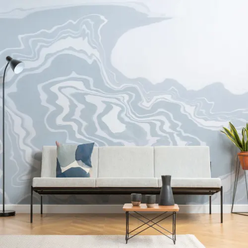 Mural de papel de parede de arte marmoreada japonesa azul Suminagashi