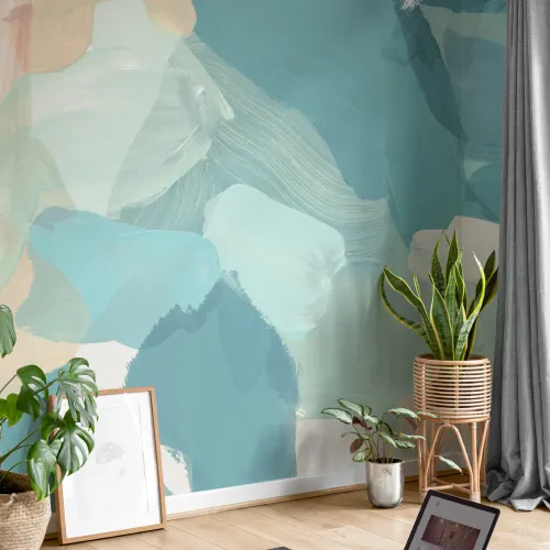 Mural de pared con arte abstracto en azul