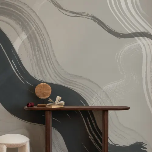 Taupe Abstracte Inkt Penseelstreken Muurschildering