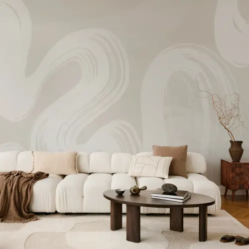 Papier Peint Panoramique abstraite beige à coups de pinceau et tourbillons