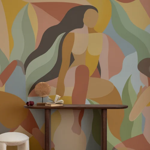 Papier peint panoramique peint à la main, forme féminine, style cubiste