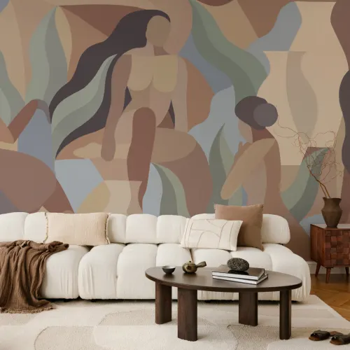 Mural de formas femininas pintado à mão em tons de terra quente