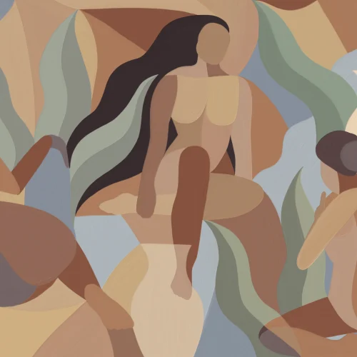 Mural de formas femininas pintado à mão em tons de terra quente