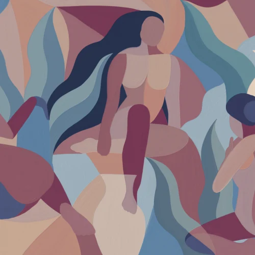 Mural de papel pintado a mano con formas femeninas en malva y azul